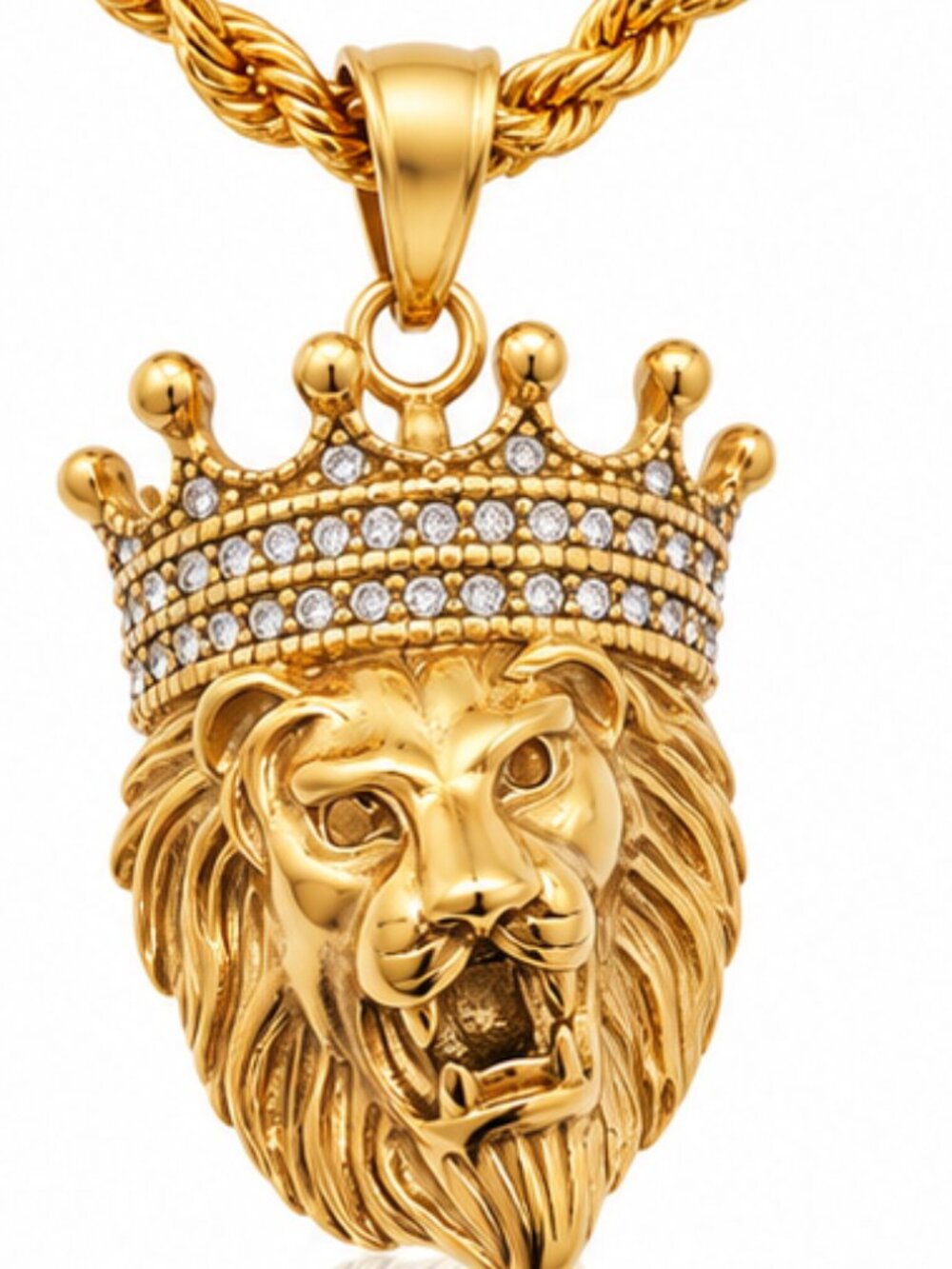 316L Stainless Steel Crown Zircon Lion Head Pendant Necklace, PVD, Cuban 24" 6mm